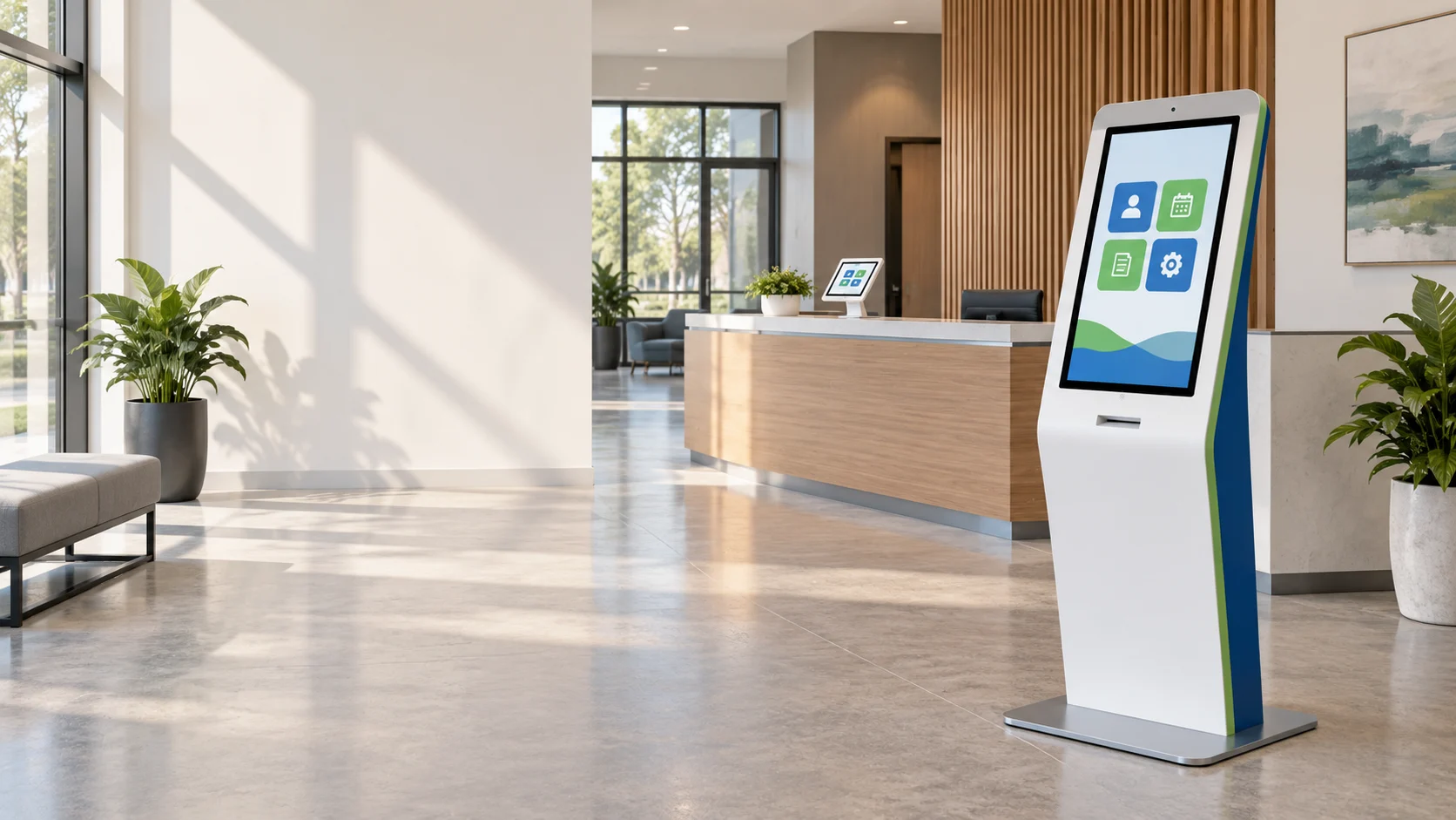 Concept of an InGenuity-colored freestanding touchscreen kiosk in a bright reception area