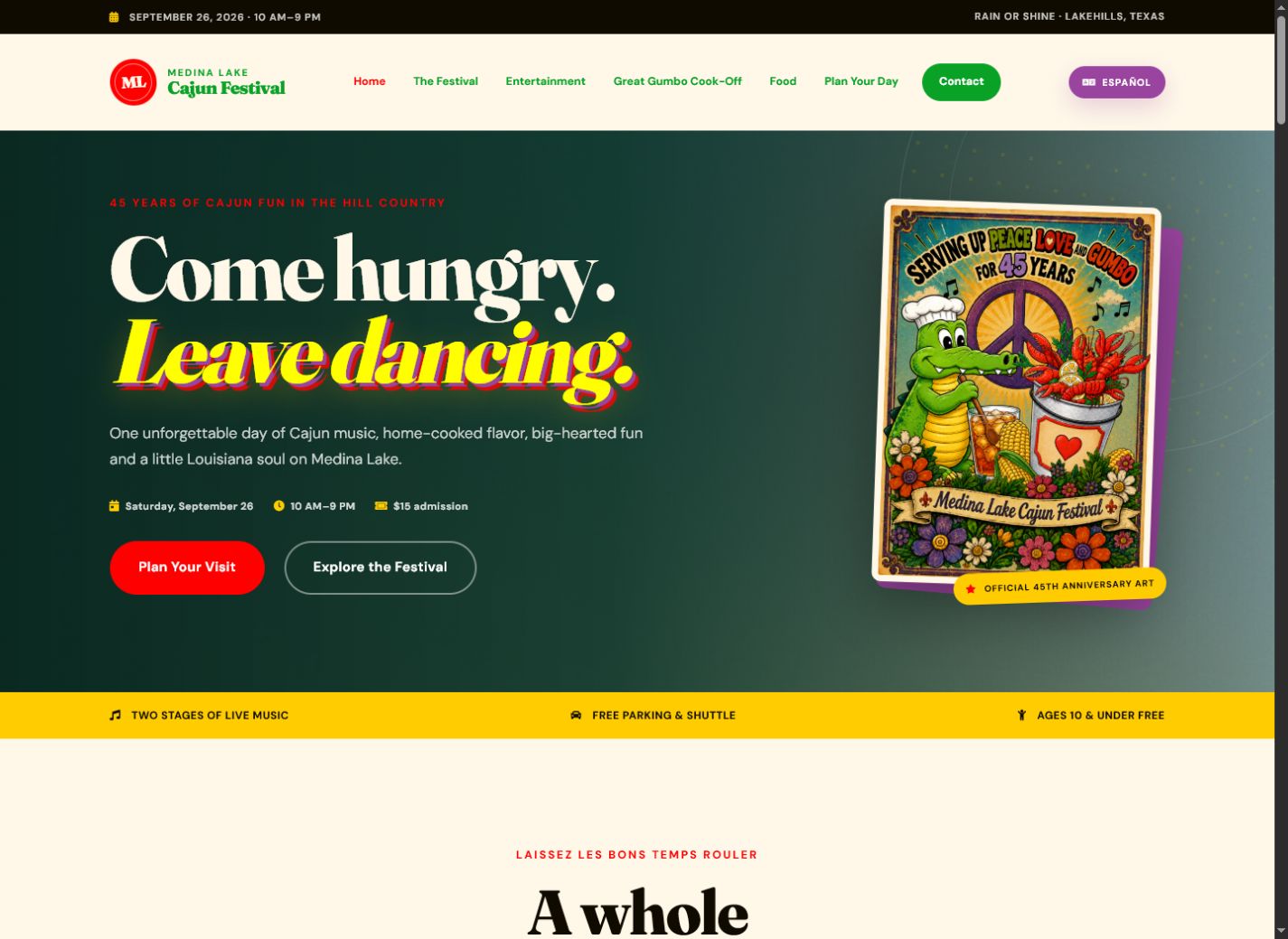 Medina Lake Cajun Festival homepage hero screenshot